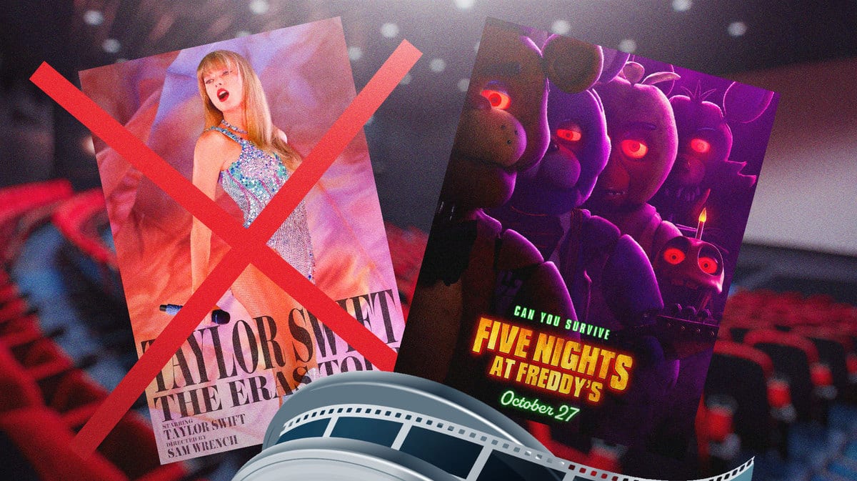 Taylor Swift: The Eras Tour poster (crossed out) and Five Nights at Freddy's poster with movie theater background.