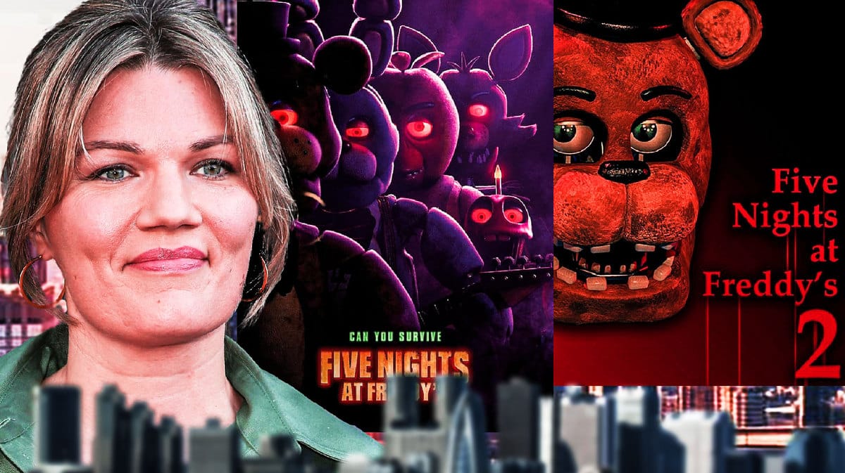Emma Tammi next to posters of Five Nights at Freddy's and Five Nights at Freddy's 2.