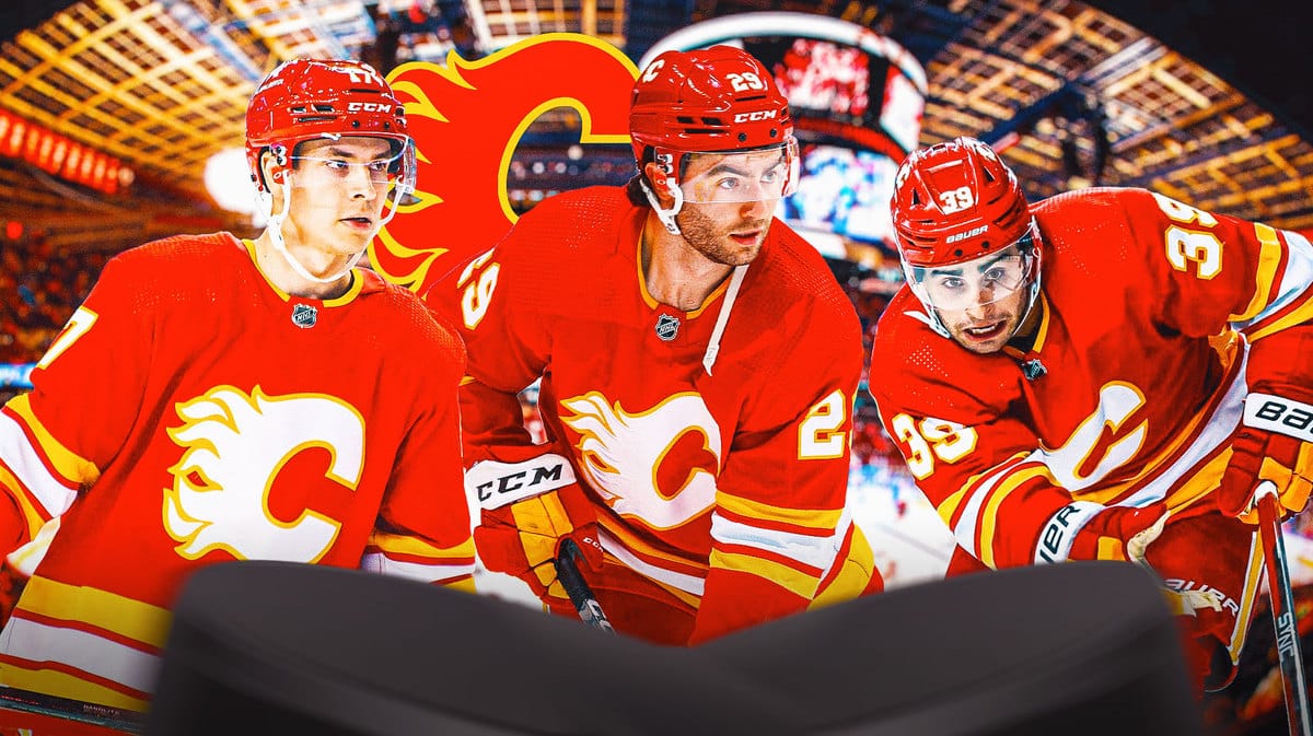 Calgary Flames breakout candidates Yegor Sharangovich, Dillon Dube, and Matthew Coronato with the Flames logo and the Scotiabank Saddledome in the background.