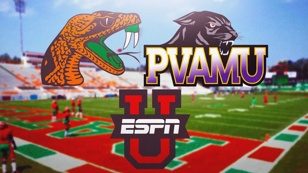Florida A&M, Prairie View A&M, ESPN+ logos, Florida A&M in the background