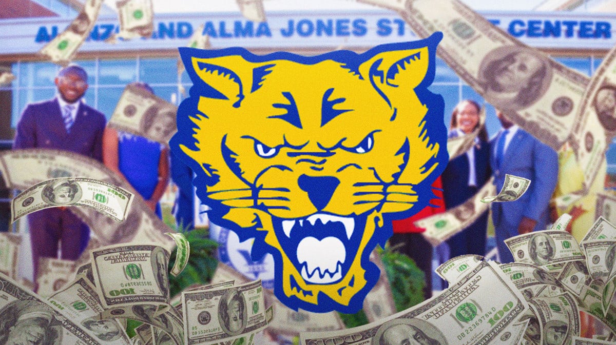 Fort Valley State University wildcat logo, picture of newly named student center on campus