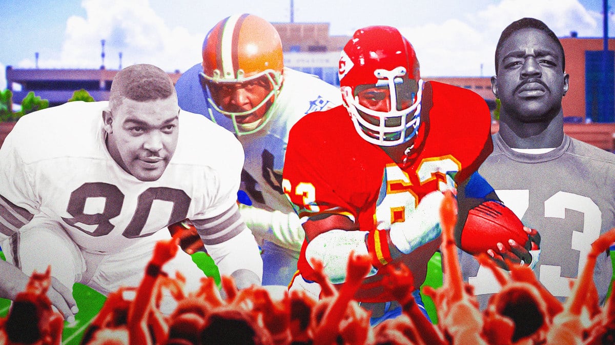 Len Ford, Leroy Kelly, Willie Lanier and Rosey Brown, Morgan State University football fiedl