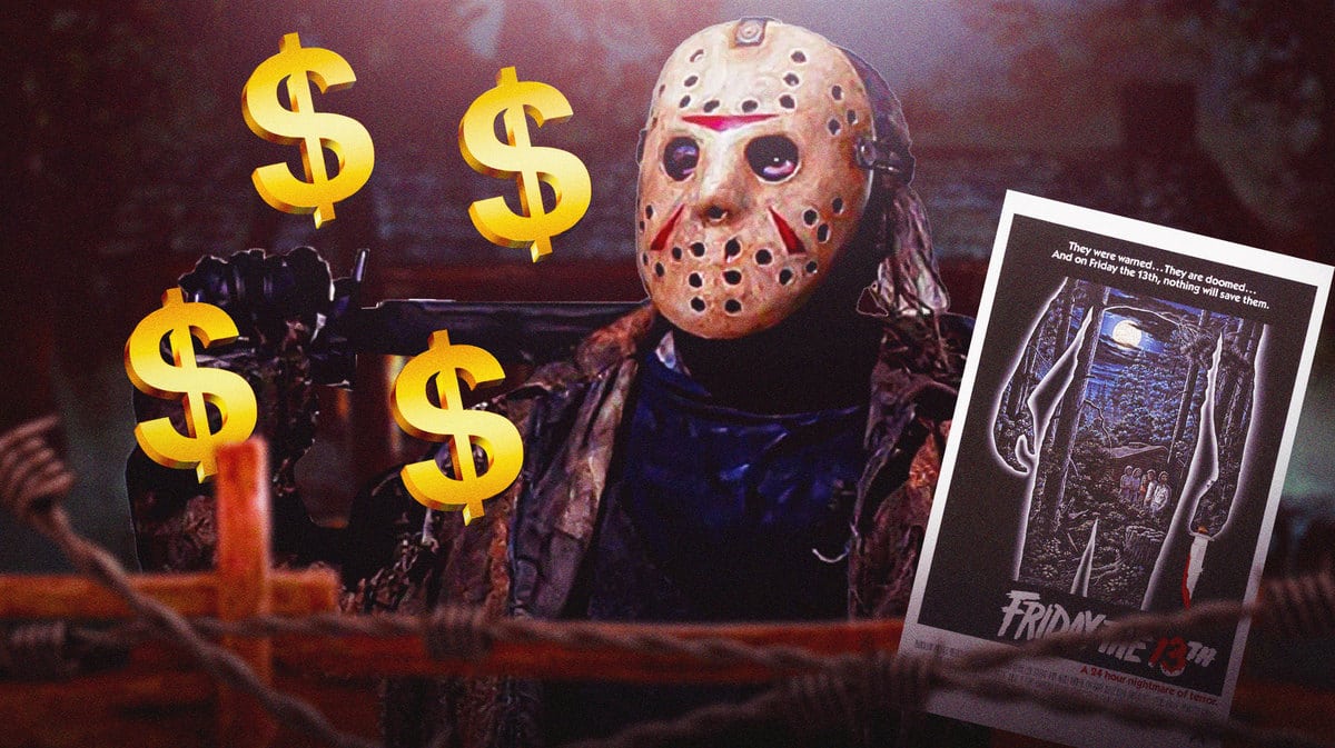 Jason Voorhees by Friday the 13th movie poster, surrounded by money signs.