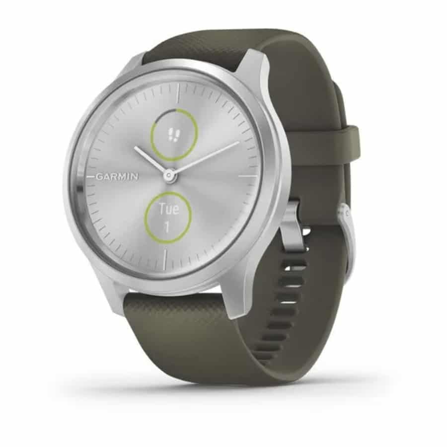 Garmin vivomove Style - Silver/Moss colorway on a white background.