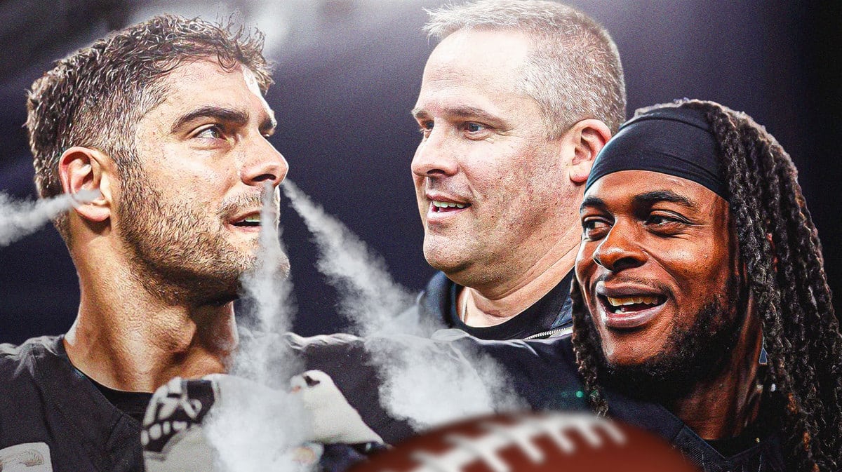 Jimmy Garoppolo in action in Raiders jersey with smoke coming out of his nose, Davante Adams, Josh McDaniels both looking at him smiling, both in Raiders gear too