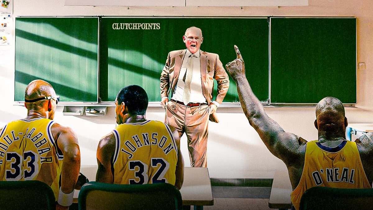 George Karl lecturing Kareem Adbul Jabar, Magic Johnson, and Shaquille O'Neal