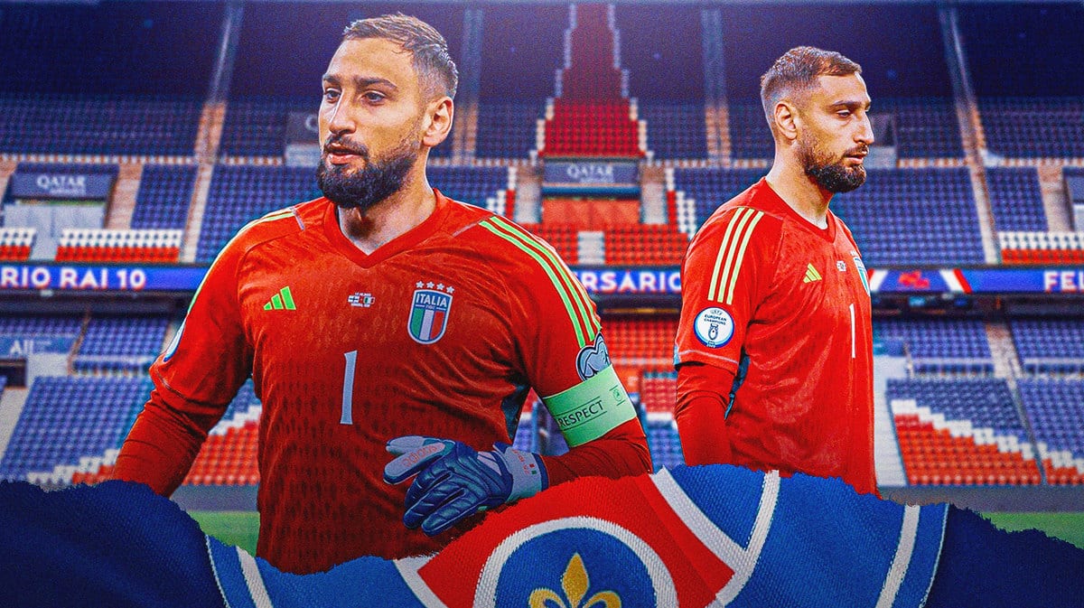 Gianluigi Donnarumma in front of the PSG logo