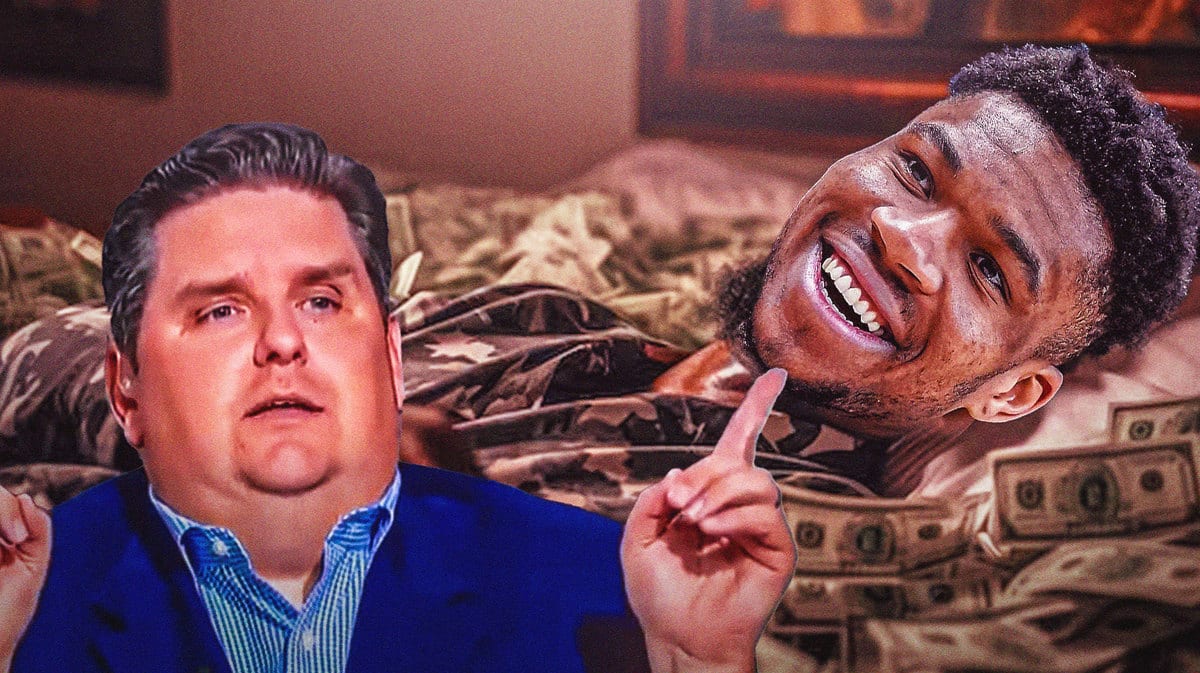 Brian Windhorst meme image on the left, with Bucks' Giannis Antetokounmpo lying in a bed full of cash