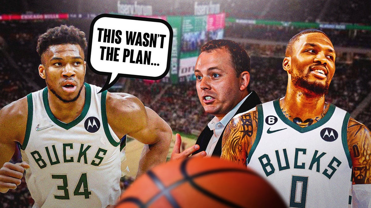 Giannis Antetokounmpo saying, “This wasn’t the plan…”. Jon Horst shrugging. Damian Lillard in Bucks jersey.