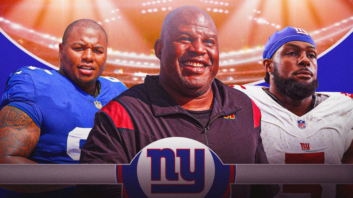 Washington Commanders offensive coordinator Eric Bieniemy, Giants defensive linemen Kayvon Thibodeaux and Dexter Lawrence.