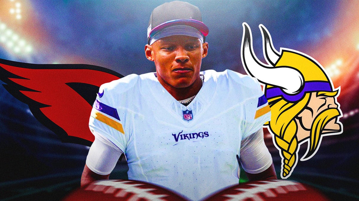 Josh Dobbs in Vikings uniform with Cardinals and Vikings logos