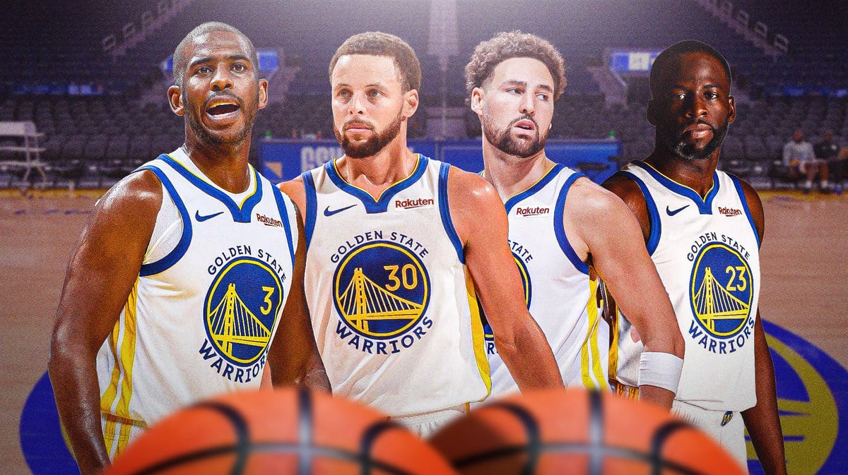 Golden State Warriors players Chris Paul, Steph Curry, Klay Thompson and Draymond Green
