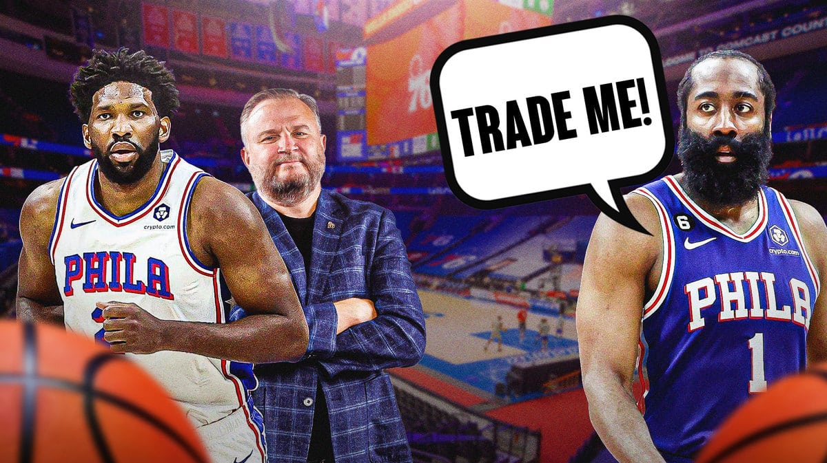 James Harden saying "trade me" with 76ers' Joel Embiid and Daryl Morey