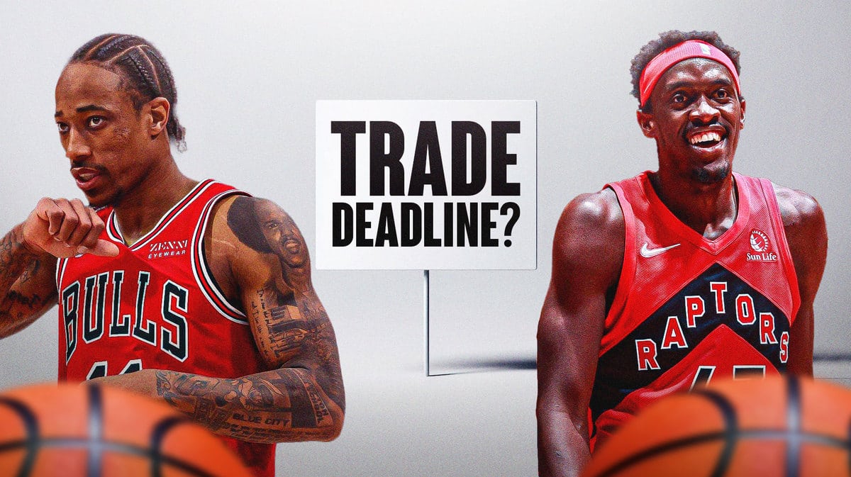 Bulls' DeMar DeRozan and Raptors Pascal Siakam with a trade deadline sign