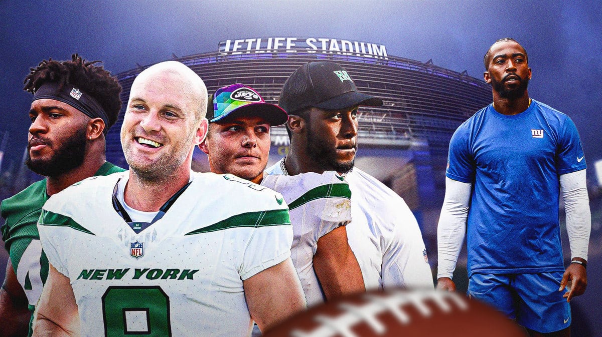Jets kicker and Dalvin Cook looking at Giants QB Tyrod Taylor ahead of the game.