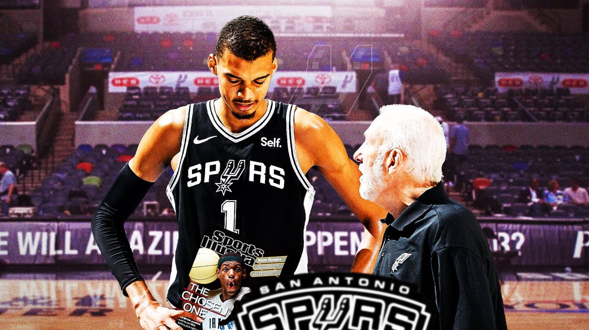 Spurs' Victor Wembanyama talking to Gregg Popovich, with Sports Illustrated cover of LeBron James in high school (The Chosen One)