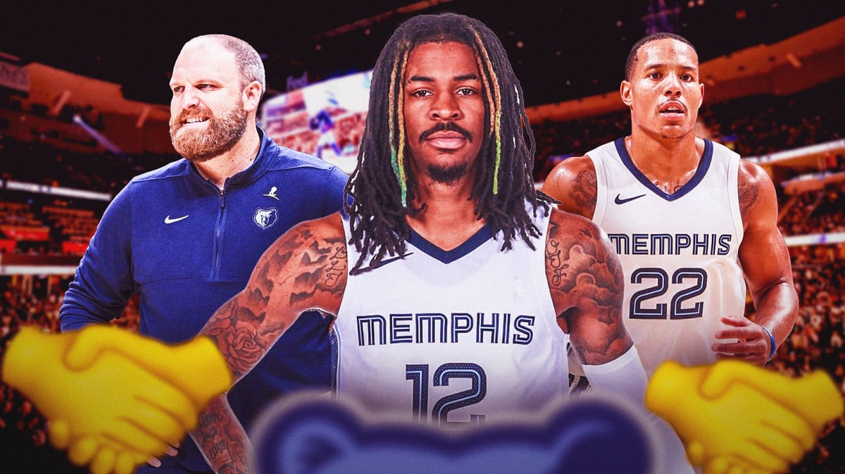 Grizzlies' Ja Morant in the middle looking confident, with Taylor Jenkins and Desmond Bane in support of him with handshake emojis
