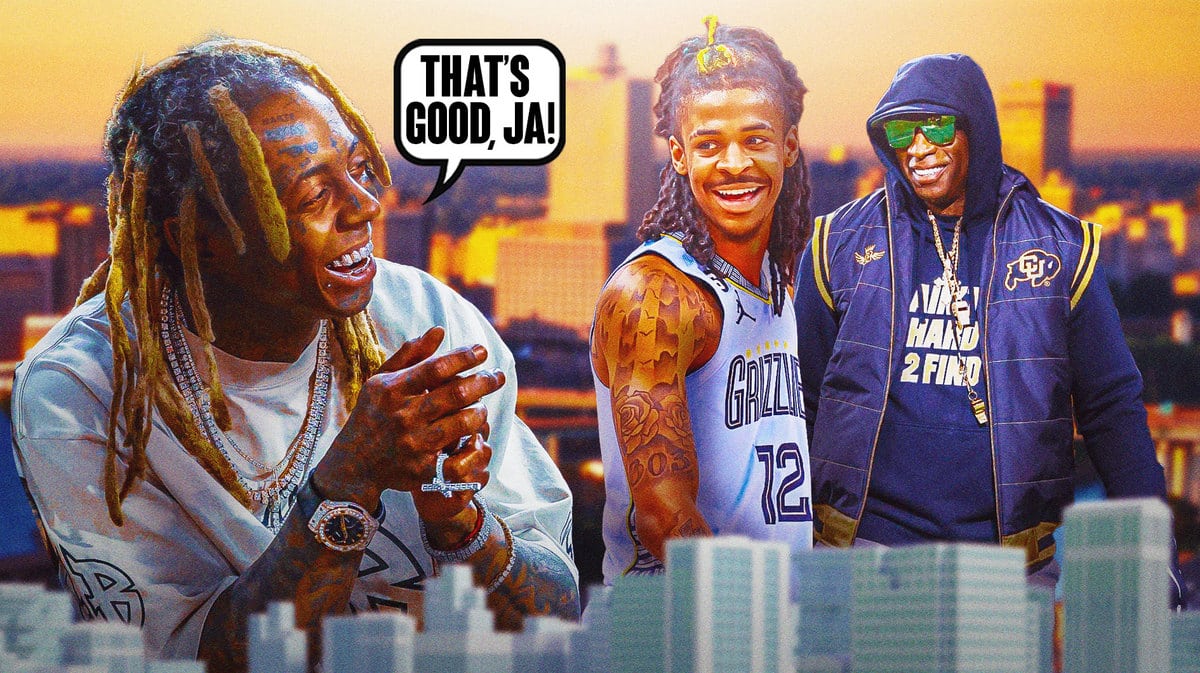 Lil Wayne smiling saying “That’s good, Ja!”, Ja Morant smiling, Deion Sanders in background smiling in Colorado gear