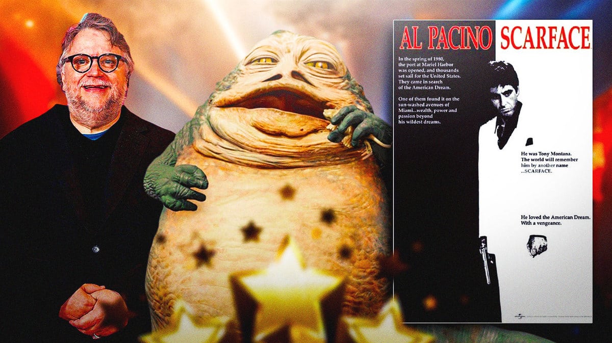 Guillermo del Toro standing next to Star Wars character Jabba the Hutt and Scarface poster.