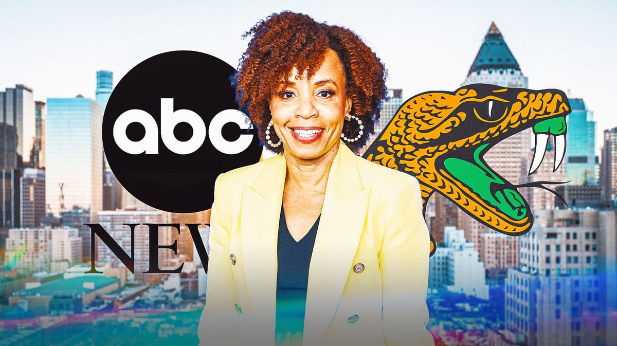 ABC news president Kim Godwin, ABC news logo, Florida A&M logo in backgroudn
