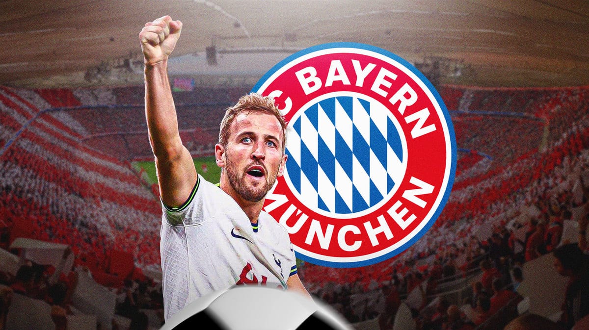 Harry Kane celebrating in front of the Bayern Munich logo