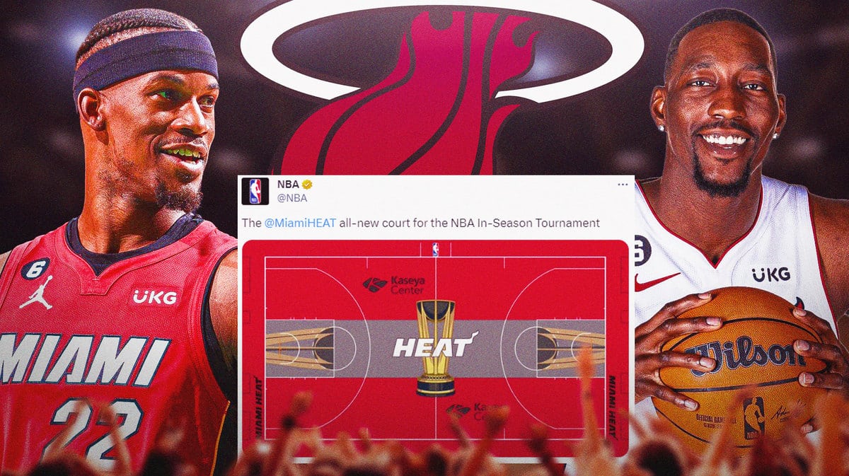 Miami Heat stars Jimmy Butler and Bam Adebayo standing next to the new In-season tournament court.