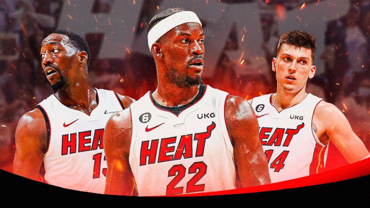 Miami Heat players Jimmy Butler, Bam Adebayo, and Tyler Herro in front of the Kaseya Center.