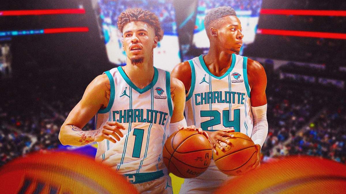 Hornets' LaMelo Ball, Hornets' Brandon Miller both playing basketball.