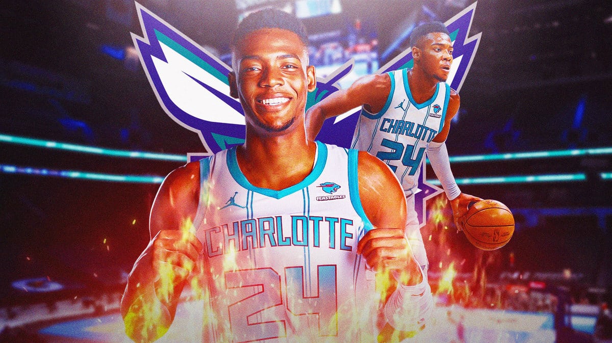Image: Brandon Miller in middle of image looking happy with fire around him, CHA Hornets logo, basketball court in background