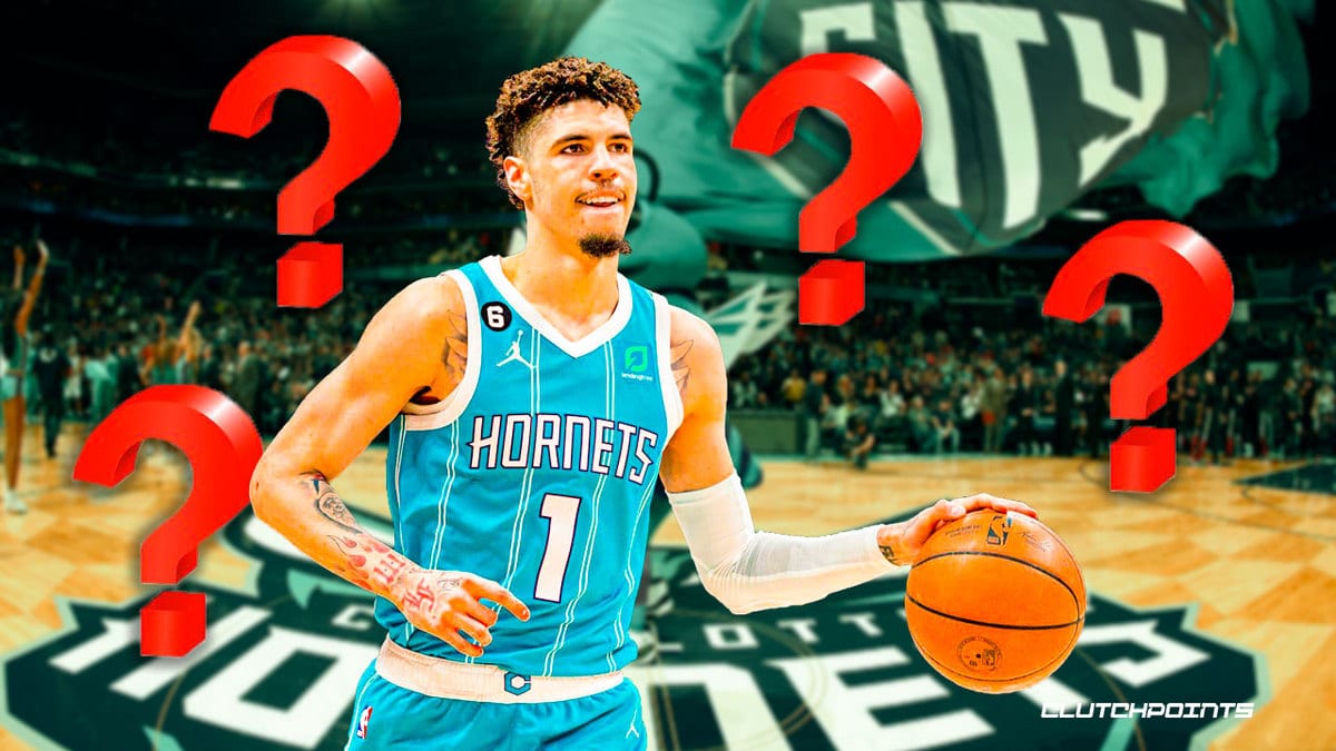 Hornets' LaMelo Ball dribbling the ball with several question marks in the background