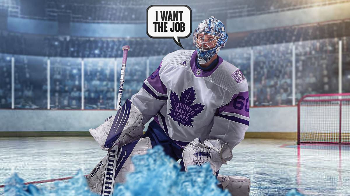Joseph Woll in a Toronto Maple Leafs uniform with a caption bubble saying "I want the job" NHL Power Rankings