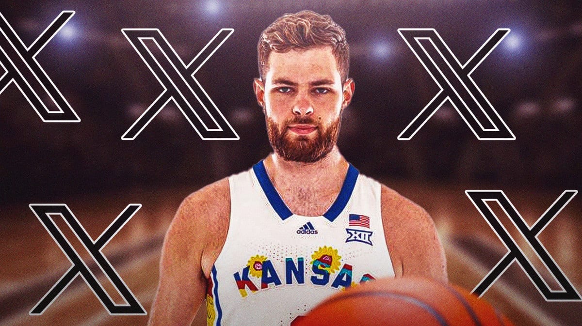 Action shot of Hunter Dickinson of Kansas basketball, multiple X (former Twitter) logos in the backround