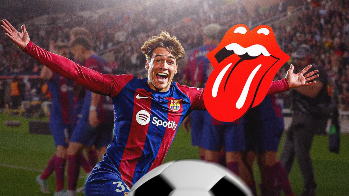 Barcelona players on the field celebrating, The Rolling Stones logo in the air