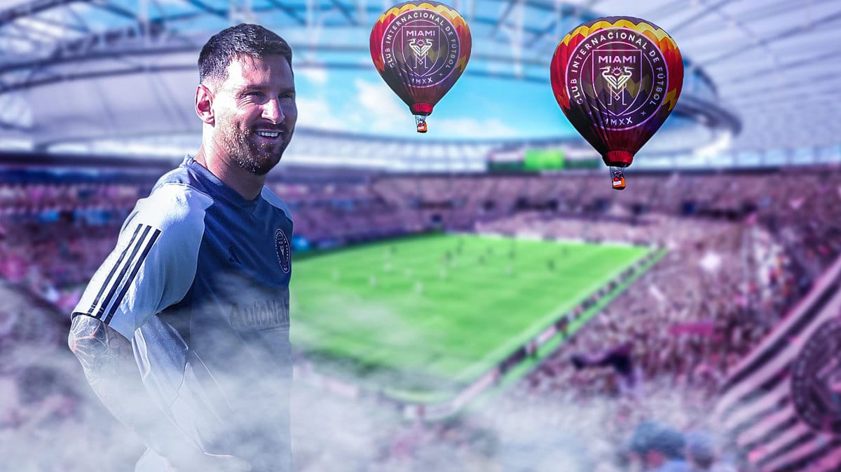 Lionel Messi standing inside a simulation, the Inter Miami logo in the sky