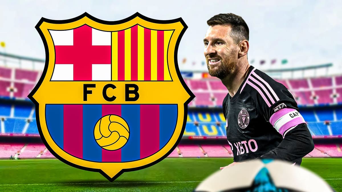 Lionel Messi smiling in front of the Barcelona logo