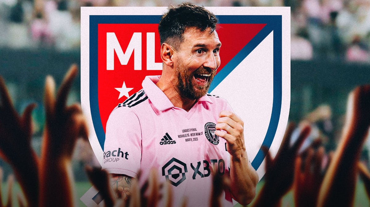 Lionel Messi in front of the MLS logo