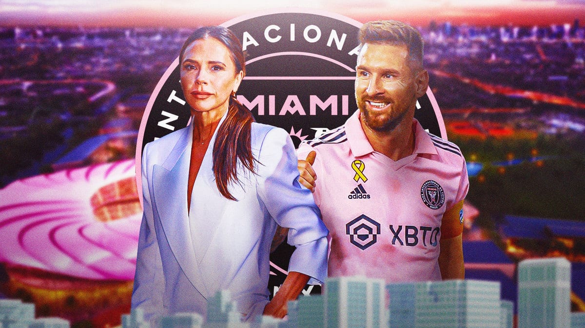 Lionel Messi and Victoria Beckham together, the Inter Miami logo in the sky