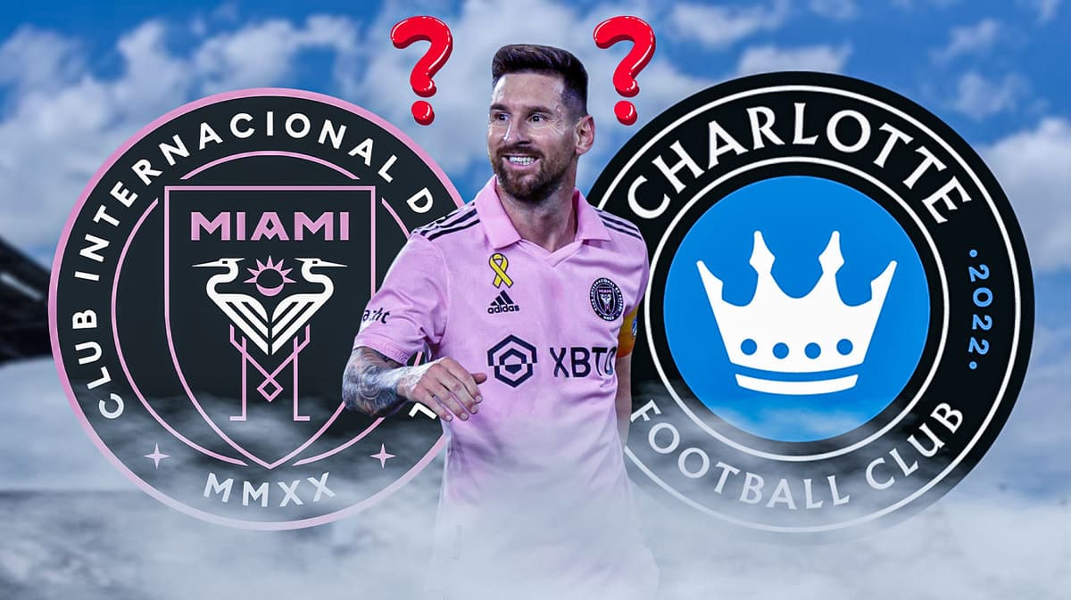 Lionel Messi in front of the Inter Miami and Charlotte FC logos, questionmarks in the air