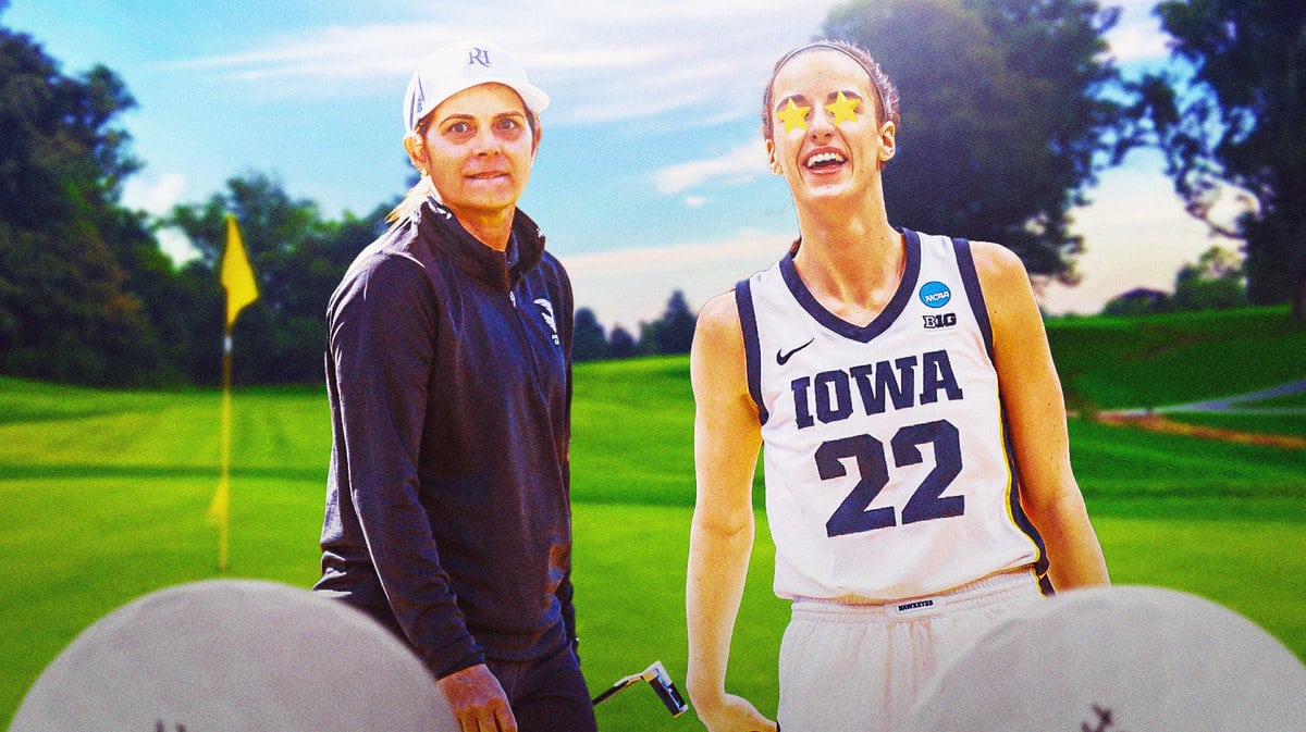 Caitlin Clark with stars in her eyes next to Mia Hamm on a golf course