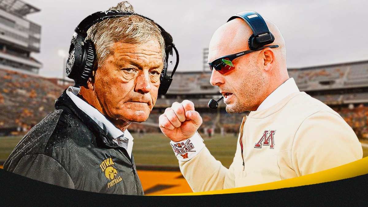 Iowa football, Minnesota football, Hawkeyes, Golden Gophers, Iowa-Minnesota over/under, Kirk Ferentz and PJ Fleck with Iowa football stadium in the background
