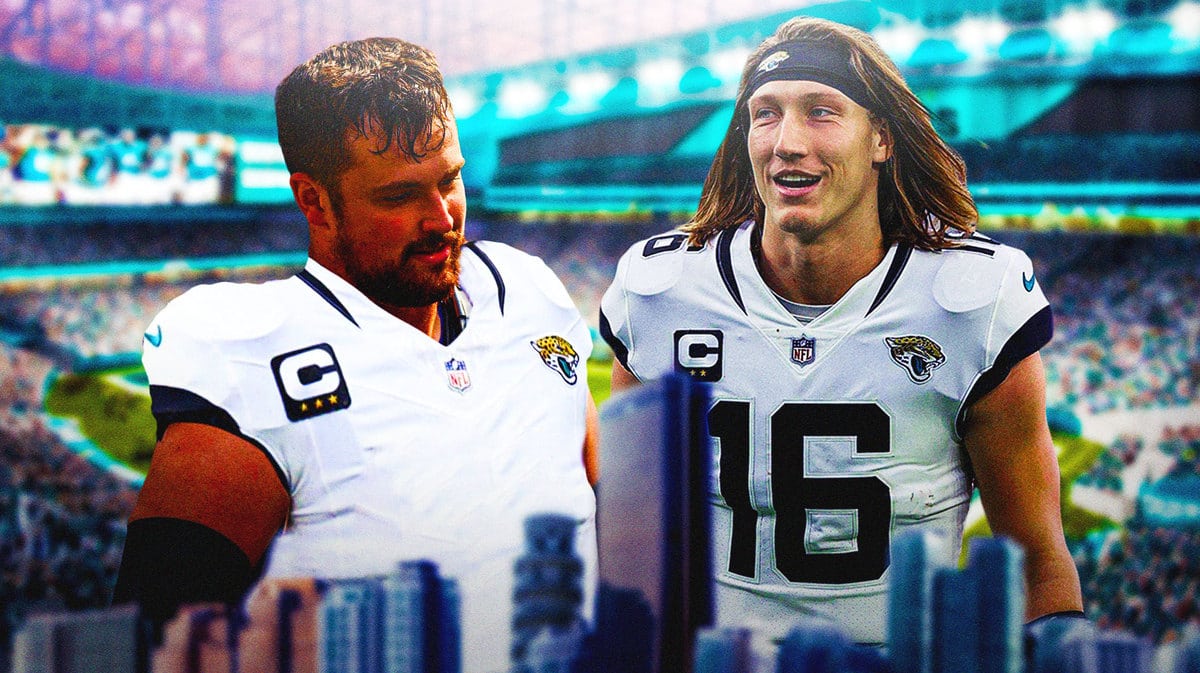 Trevor Lawrence smiling and have Ezra Cleveland in Jaguars jersey next to him