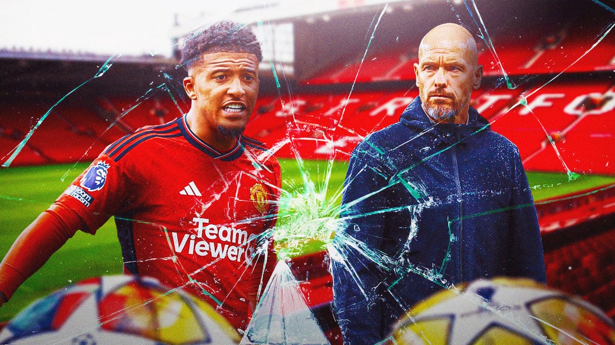 Jadon Sancho looking serious in Manchester United jersey, broken window between him and Erik ten Hag, Old Trafford in background