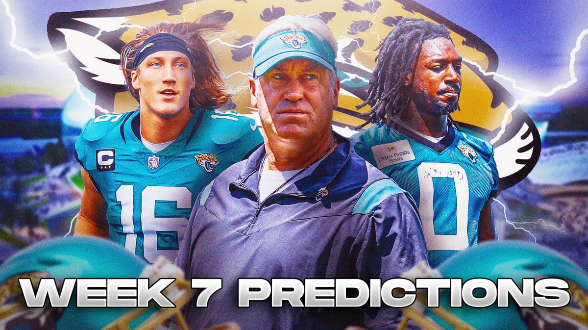 Coach Doug Pederson in the middle with Trevor Lawrence and Calvin Ridley around him and lightning in the background.