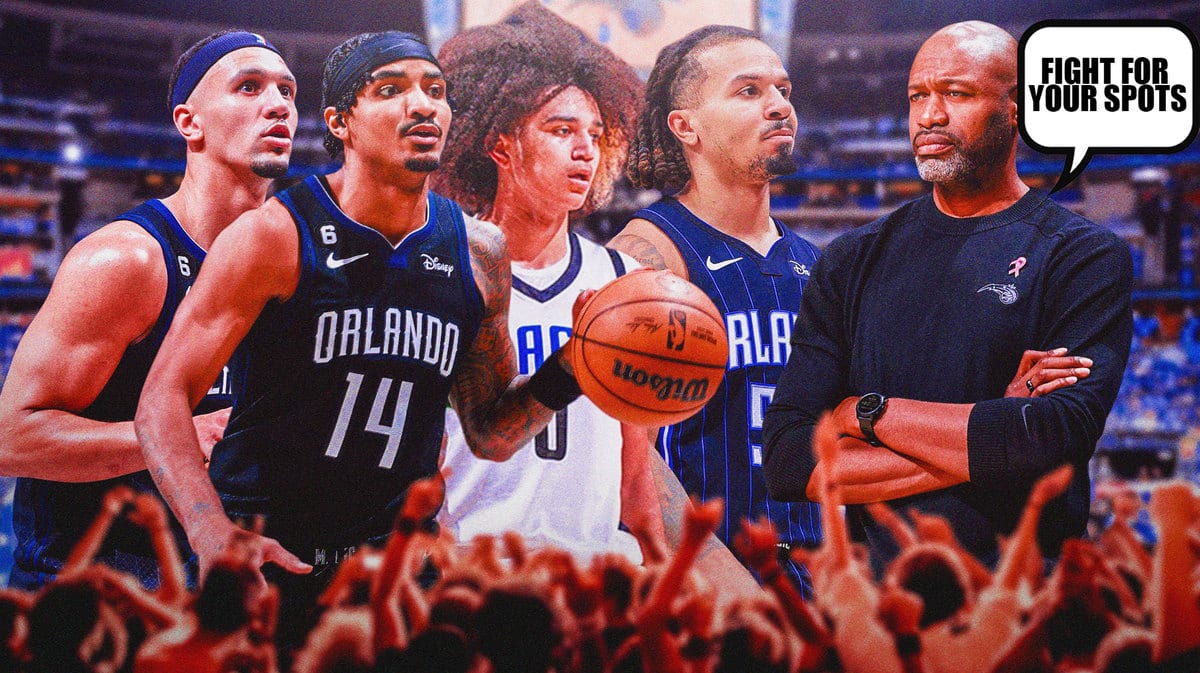 From left to right: Jalen Suggs, Gary Harris with a basketball, Anthony Black, Cole Anthony, and Jamahl Mosley