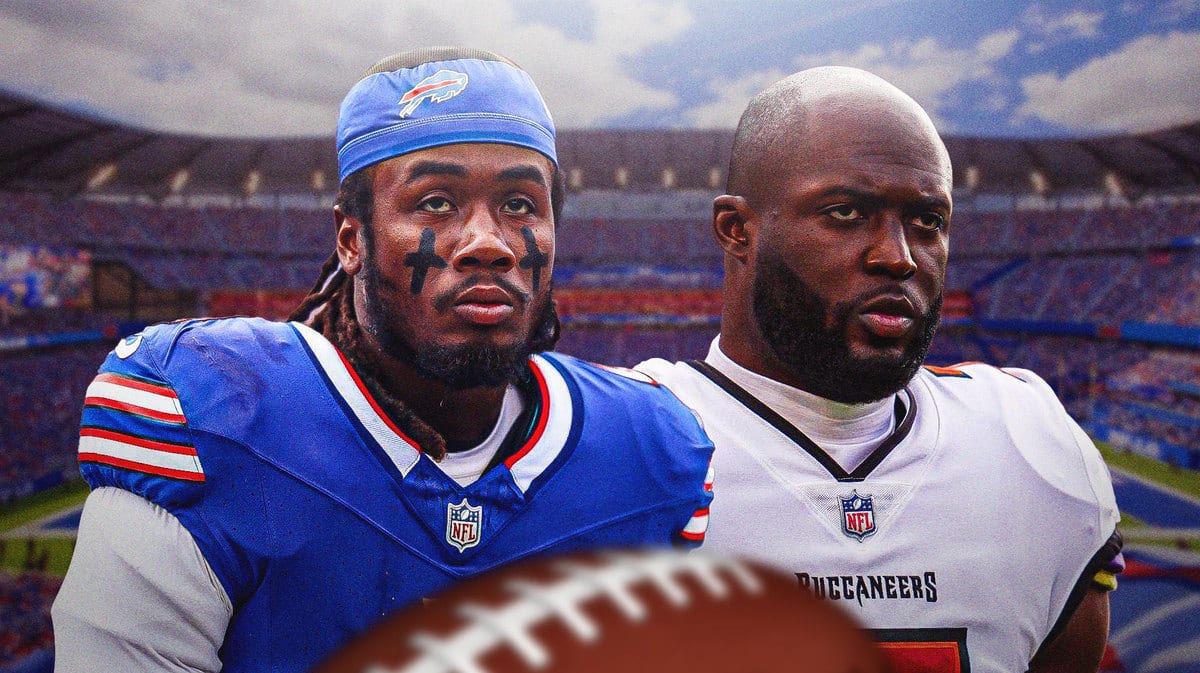Buffalo Bills stars James Cook and Leonard Fournette in front of Highmark Stadium.