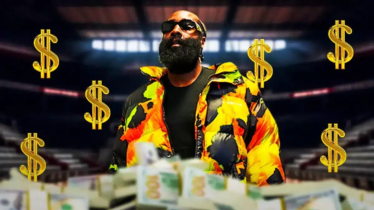 James Harden surrounded by piles of cash and dollar signs.