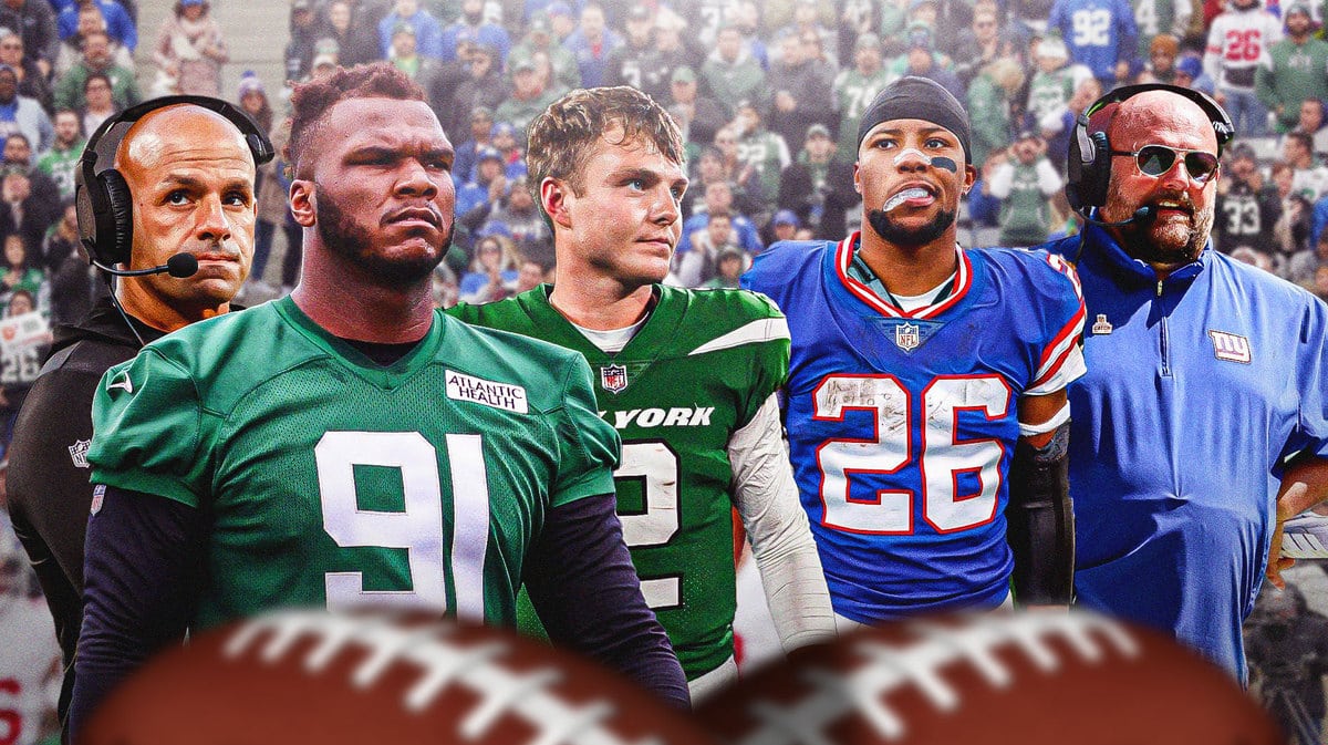 John Franklin-Myers front and center. Looking at him are Zach Wilson and Robert Saleh of Jets and Saquon Barkley and Brian Daboll of Giants. In background are fans for both teams at MetLife Stadium