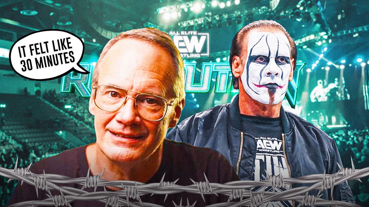 Jim Cornette with a text bubble reading “It felt like 30 minutes” next to Sting with the AEW Revolution logo as the background.