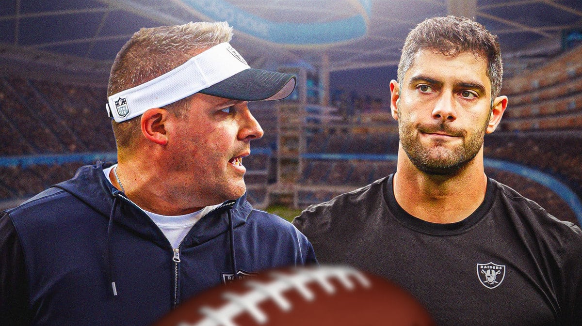Jimmy Garoppolo in Raiders clothes next to Josh McDaniels
