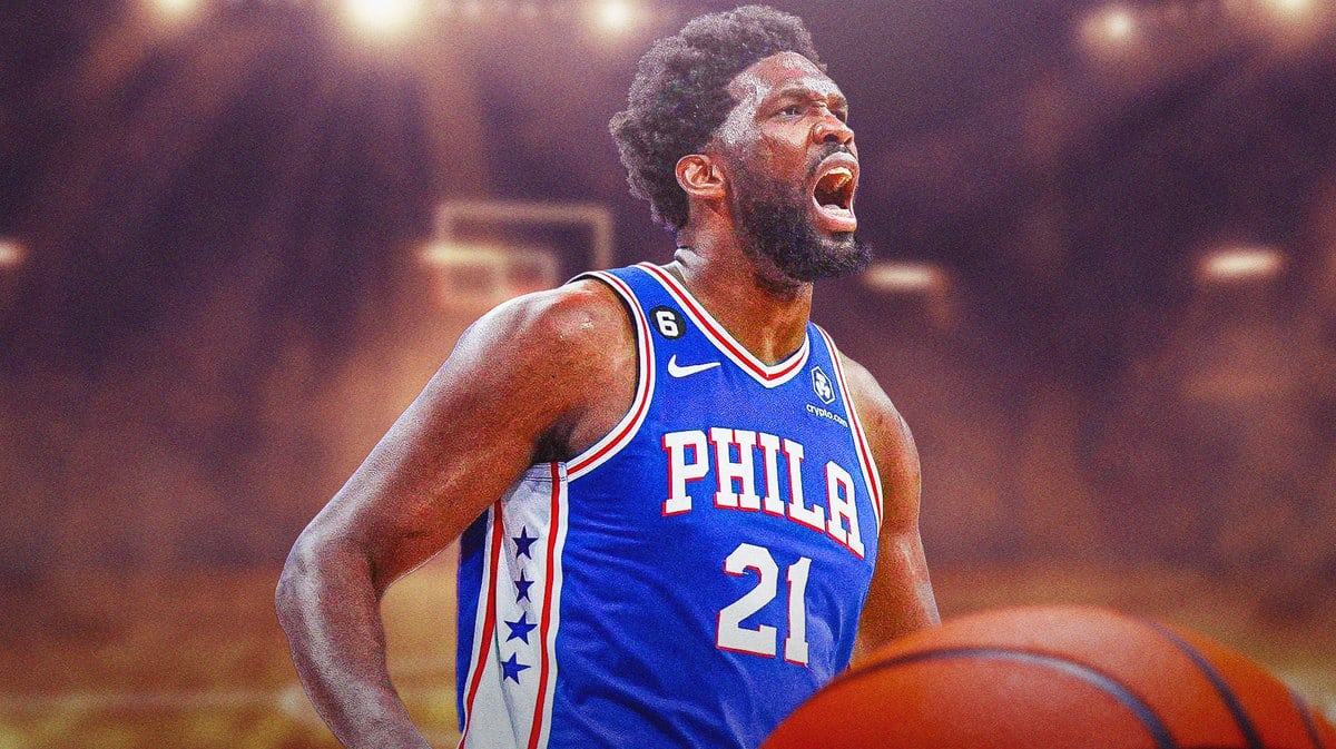 Sixers star Joel Embiid shouting on basketball court, Joel Embiid Sixers predictions